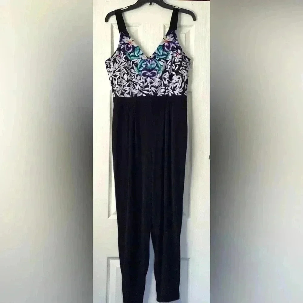 Nicole Miller Alha Paradise Black Floral Jumpsuit Medium